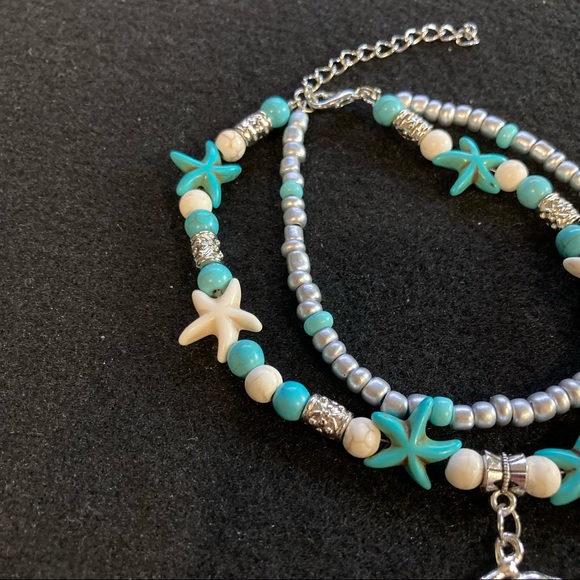 Dolphin Starfish Silver Toned Turquoise Beaded Boho Anklet - Picture 7 of 7